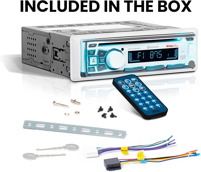BOSS Audio Systems MR762BRGB Marine Boat Stereo – Single Din, Bluetooth, CD DVD Player, AM FM Radio Receiver, Weatherproof, Multicolor Illumination