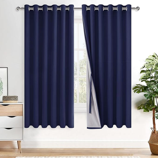XWZO 100% Blackout Curtains with Tiebacks- Extra Wide Full Shade Window Drapes Thermal Insulated Double Layer with Black Liner for Bedroom/Living Room, Grommet Top, Navy Blue, W70 x L63, Set of 2