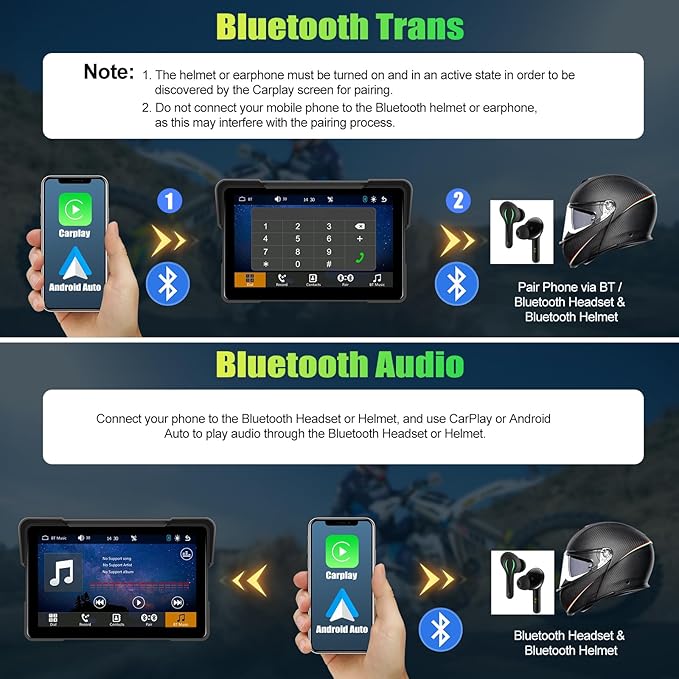 CAMECHO Motorcycle CarPlay Screen, 7" Waterproof Portable Wireless Apple Carplay Android Auto for Motorbike, Touchscreen Car Stereo Support Dual Bluetooth, Mirror Link, EQ, Voice Control