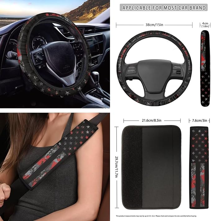 12 Pcs American Flag Car Seat Covers Full Set Car Seat Covers/Steering Wheel Covers/Seat Belt Pads/Key Chain/Coaster/Lipstick Holder Universal Fit Almost Vehicle
