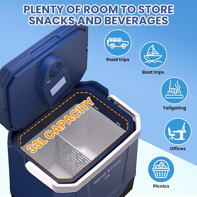 Garvee 35 Quart (33 l) Electric Cooler & Warmer, Portable Car Refrigerator with Automatic Locking Handle, 12V Car Cooler for Vehicle & Trucks, 110V AC Home Power Cord, Plug in Coolers. Blue