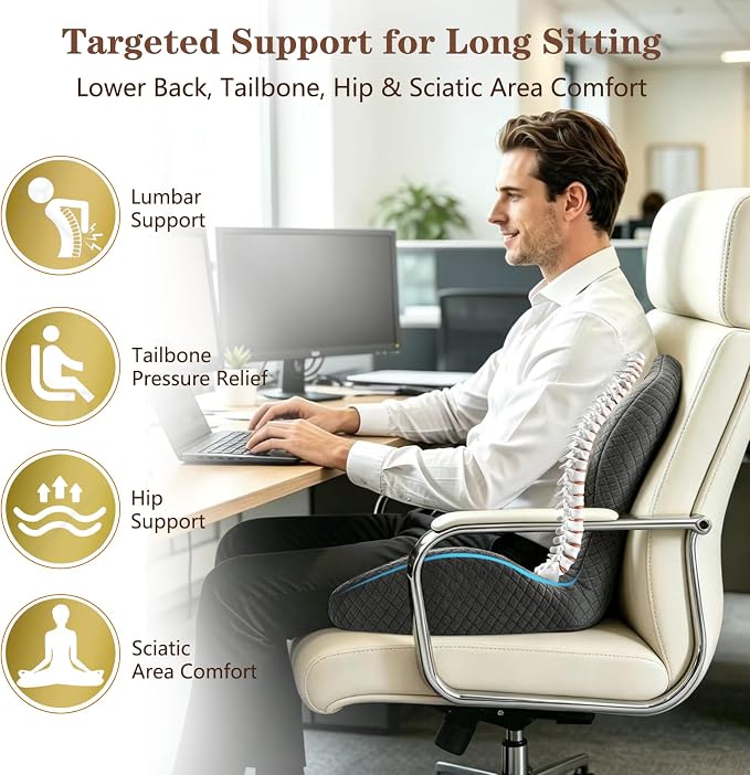 Ergonomic Memory Foam Seat Cushion with Back Support, L-Shaped Office Chair Cushion with Coccyx Cutout, Tailbone Support Cushion for Long Sitting, Car Seat Cushion for Driving, Home & Gaming Chair