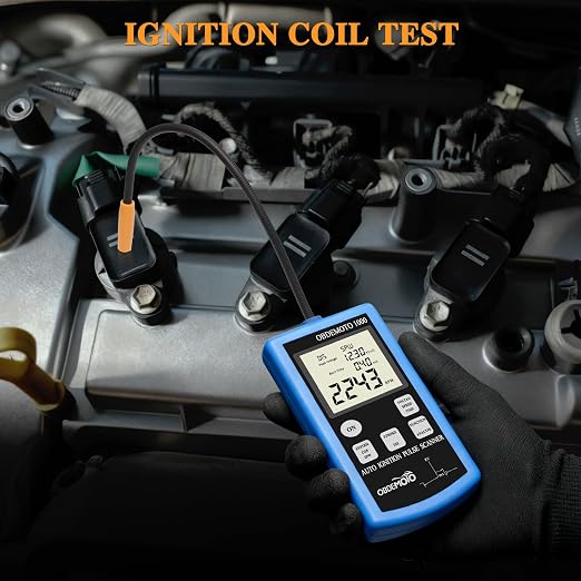 Ignition Coil Tester Tool, Non-Contact Spark Plug Tester Automotive & Motorcycle with Flexible Probe, 2.8" LCD Display for 1-12 Cylinder COP, DIS, SPW Engine, Measures Voltage, RPM, Burn Time