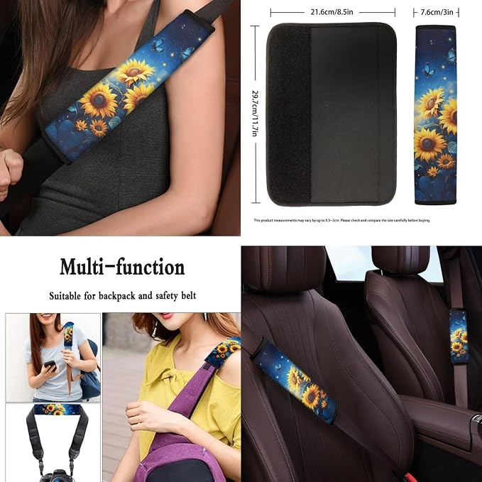 8 Pcs Sunflower Butterfly Car Interior Accessories Set for Women, Car Seat Covers Full Set with Auto Steering Wheel Cover Auto Center Console Pad Seat Belt Covers