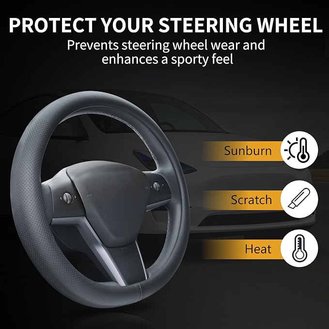 Uxcer Nappa Leather Steering Wheel Cover Compatible with Tesla Model 3/Y 2016-2025 2026 Juniper/Highland, Non-Slip Breathable Model 3/Y Steering Wheel Protector, Black