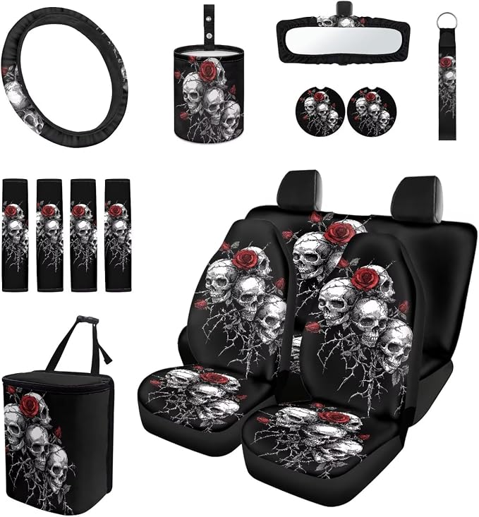 15 Pcs Rose Skeleton Car Seat Covers Full Set for Women Goth Car Accessories Interior Car Steering Wheel Cover Seatbelt Covers Trash Bin Rear View Mirror Cover Cup Holders Keychain