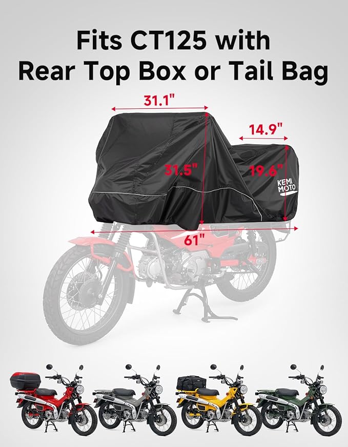 KEMIMOTO Waterproof Motorcycle Half Cover Outdoor Indoor Fit for Mini Bike Scooter Trail Bike Grom Navi CT125 Ruckus Z125 Pro Trail 125 Hunter Cub All Weather Dust Sunlight Rain Windproof Cover