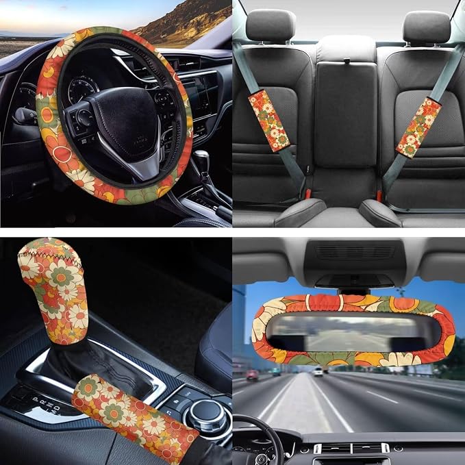 14 Pcs Beauty Hippie Floral Car Seat Cover Sets for Women Orange Boho Groovy Flower Auto Steering Wheel Cover+Seatbelt +Daisy Coasters+Keychains,Retro 70S Aesthetic Car Mirror Interior Cover