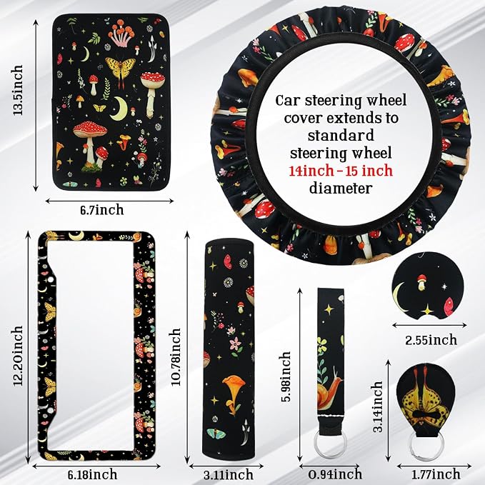 23 Pcs Leather Car Seat Cover Full Set for Women,Universal Car Seat Cover, Print Printing Car Steering Wheel Cover Center Console Armrest,Sunglass Holder Accessories Full SUV (Black Mushroom)