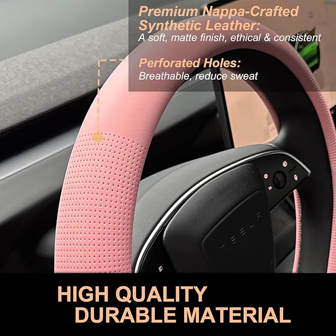 PINCTROT Nappa Leather Steering Wheel Cover for Tesla Model Y/3 Highland/Juniper, D Shaped 14 Inch Small Sized with Breathable Perforation, Fit Like Gloves, Flat Bottom 14 Inch(Nappa Pink)