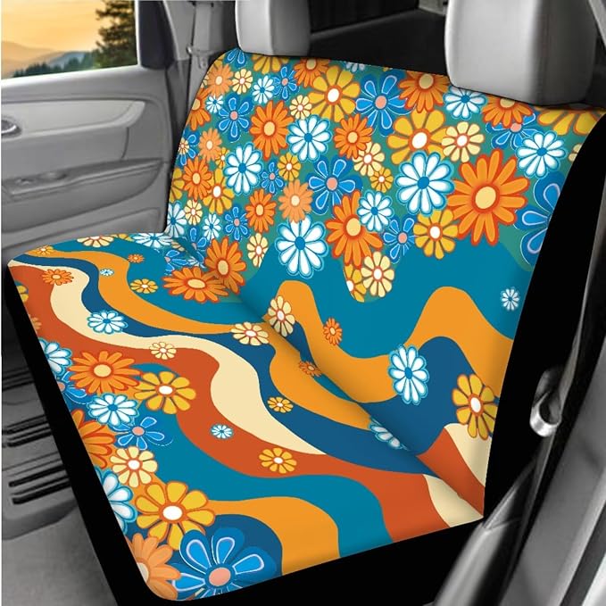 Hippie Floral Pattern Car Seat Covers Full Set for Women, Car Steering Wheel Cover Protector, Auto Center Console Pad, Auto Seat Belt Pads, 8 Pcs Automotive Interior Accessories