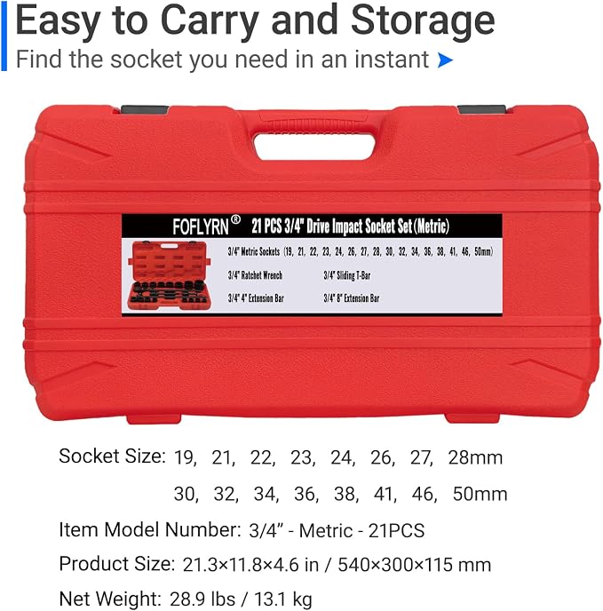 3/4" Drive Impact Socket Set,6-Point Metric Socket Set (19-50mm),21PCS Cr-Mo Material High Durability Heavy Duty Jumbo Deep Socket Set with Ratchet Wrench,Sliding Bar,Extension Bar and Storage Case.