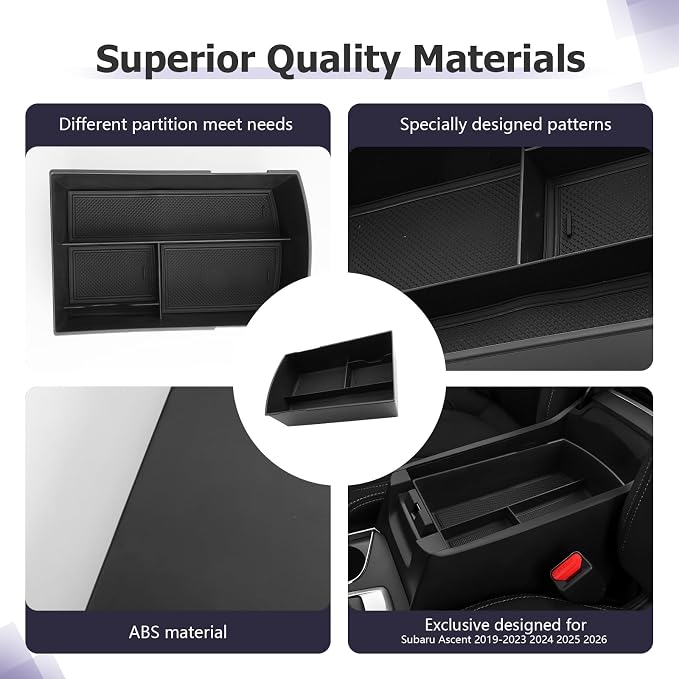 LUWU Center Console Organizer Compatible with Subaru Ascent 2019-2026 Accessories Armrest Console Secondary Storage Box Insert Tray ABS Material Interior Storage Box with Coin Holder Black