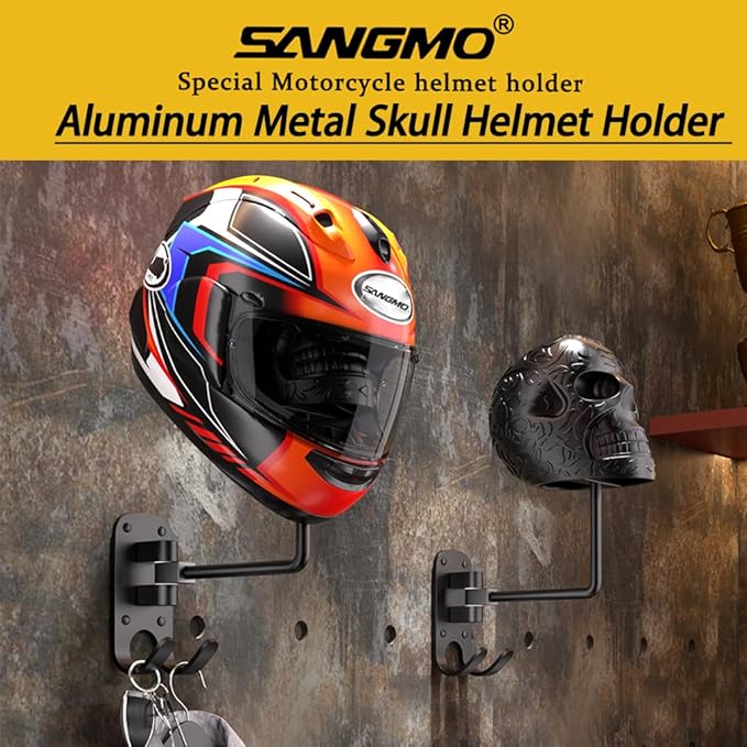 SANGMO Metal Skull Helmet Holder, Motorcycle Helmet Rack 180 Degree Rotation Wall Mount with 2 Hooks for Motorcycle Bike Baseball Rugby - Black