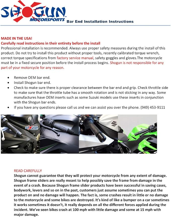 Shogun USA Made Hon CBR1000RR CBR1000 CBR 1000 RR 2017 2018 2019 SP SP2 Complete Kit Black Includes Bar Ends Swing Arm Spools and Frame Sliders Fits ABS & NON ABS Models - 755-3959