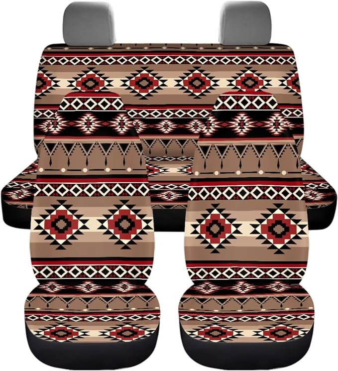 Dreaweet Native American Car Seat Covers Full Set Southwestern Aztec Navajo Seat Covers with Steering Wheel Cover/Armrest Cover/Seatbelt Covers/Car Coasters/Gear Shift Cover/Handbrake Cover