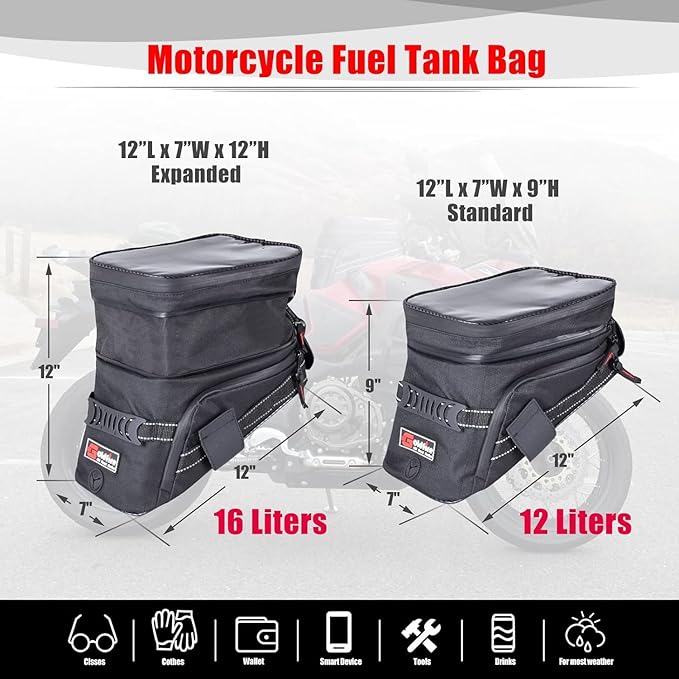 Goldfire Motorcycle Tank Bag Storage Bags Expandable ADV Gas Oil Fuel Tank Saddle Bag with Strong Strap Mount Water Resistant (Blue Piping)