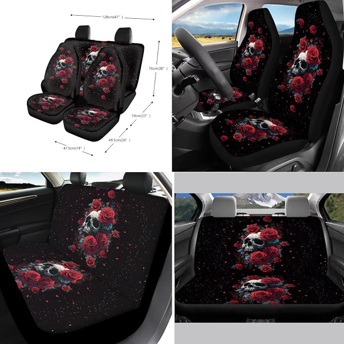 Suobstales Rose Skull Print Car Seat Cover for Women Full Set SUV Interior Accessories Front/Back Bench Bucket Seat Cover, Steering Wheel Cover, Seat Belt Cover, Cup Holder Coasters, Keychain