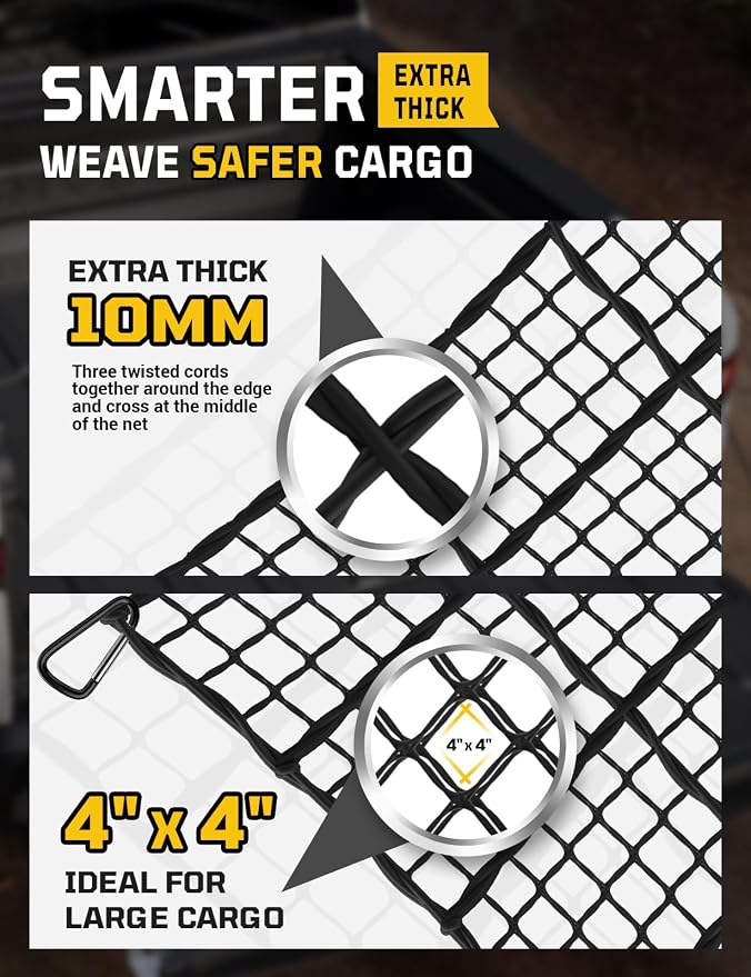 AUTOWN Cargo Net for Pickup Truck Bed - Stretchable 4' x 6' to 8' x 12' with 4" x 4" Mesh, Heavy Duty 10mm Cord Bungee Bed Netting with 12 Metal Carabiners - Ideal for ATV, SUV, UTV and Truck