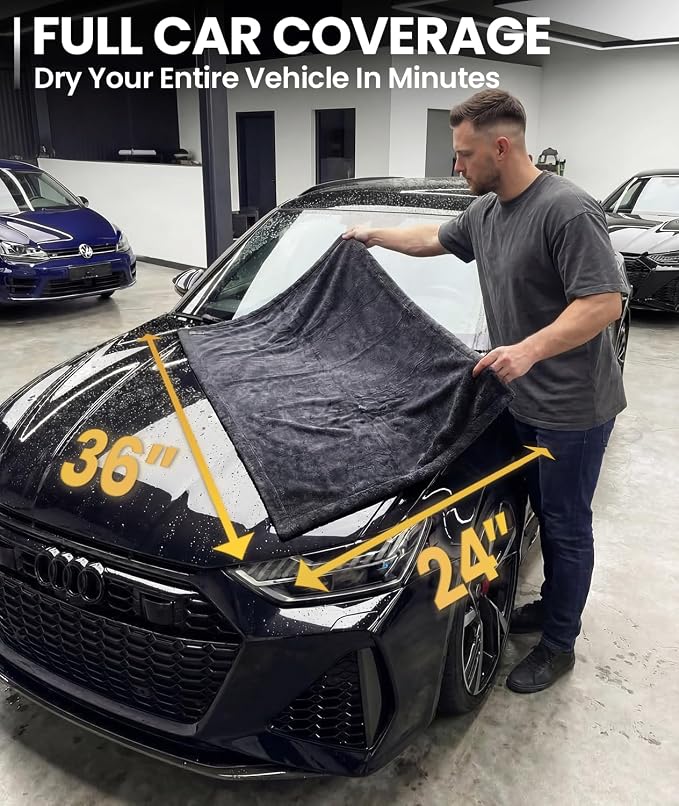 EVEO Car Drying Towel - (1300 GSM) XL Drying Towels Car Detailing - Car Microfiber Towel (36"x24") Microfiber Drying Towels for Cars Towels Drying, Car Wash Towels, Ultra Absorbent - Grey & Blue