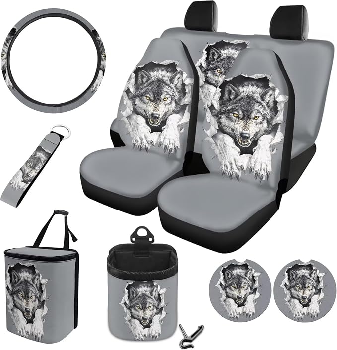 Wolf Grey Pattern Car Accessories Set 10 Pack Car Seat Covers Car Trash Can Steering Wheel Cover Auto Air Vent Storage Bag Coasters Keychain Universal Fit for SUV Van Truck
