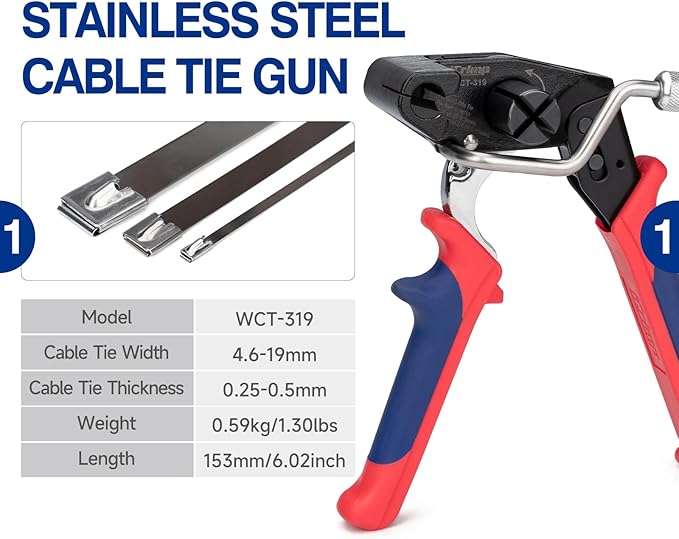 IWISS WCT-319 Stainless Steel Cable Tie Gun for Tensioning, Cutting, Removing Cable Ties up to 3/4'' Width, One Handed Bundling