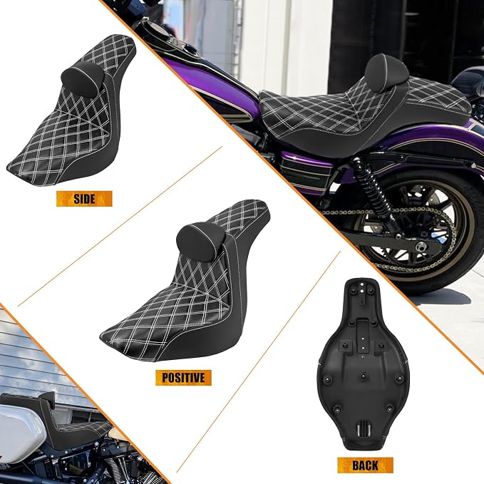 Motorcycles Driver Passenger Seat Cushion Pad One-Piece Seat Leather Pillion with Driver Backrest Fit for Harley Low Rider FXLR FXLRS Sport Glide FLSB 2018-Up (White Stitching)