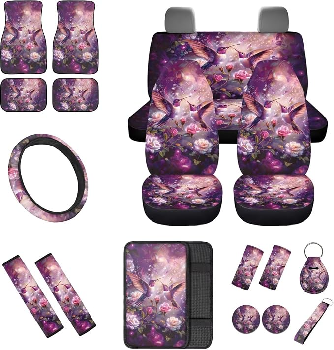 18 Pcs Hummingbird and Rose Car Accessories Set for Women, Car Seat Covers Full Set with Auto Floor Mats Steering Wheel Cover Armrest Pad Handle Wraps Seat Belt Pads Keychains Cup Coaster