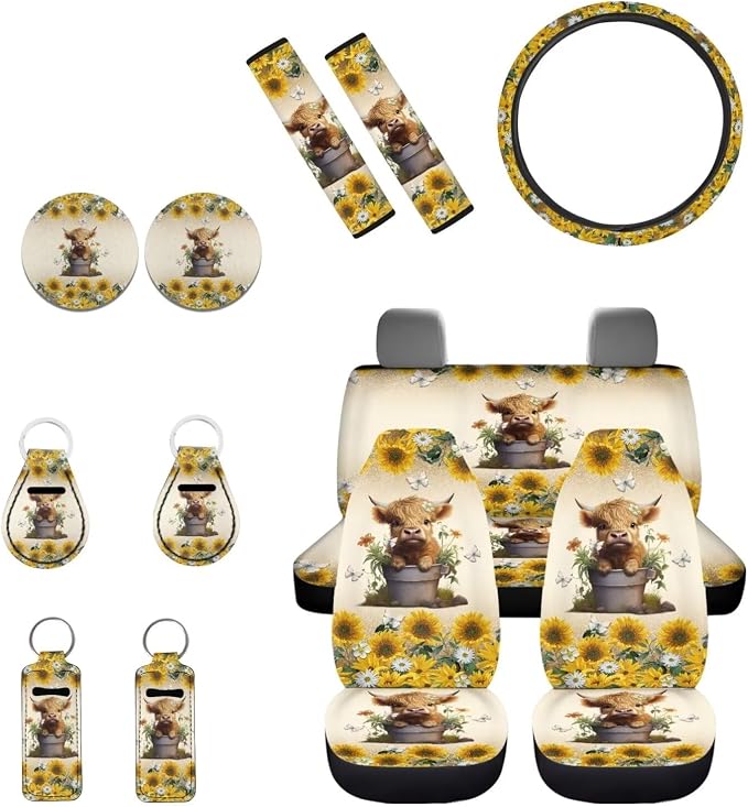 INSTANTARTS Highland Cow Sunflower 13 Pieces Seat Cover Set Car Front Seat Cover + Seat Belt Cover + Steering Wheel Cover + Keychain + Coaster + Lipstick Cover Universal Car Accessories