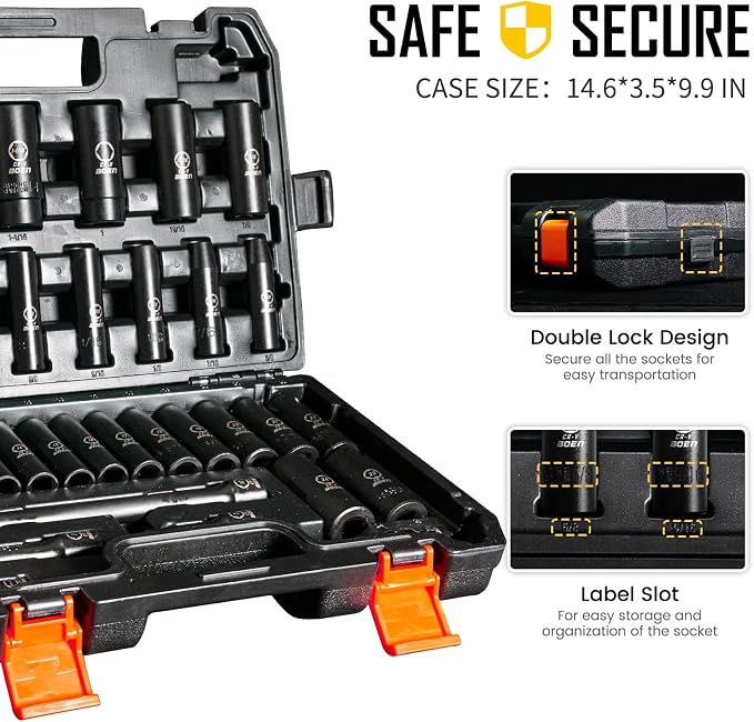 BOEN 35-Piece 1/2" Drive Deep Impact Socket Set - SAE 3/8"-1-1/4" & Metric 8-24mm + 1/2" Drive Ratchet Wrench
