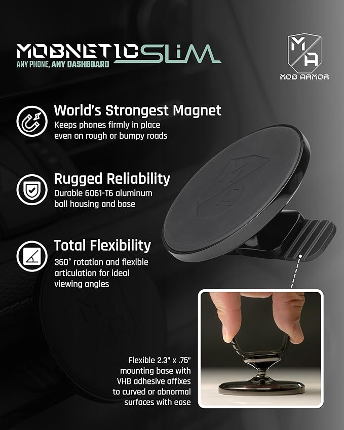 Mob Armor Slim Mount MS - Magsafe Car Mount, Magnetic Cell Phone Holder, MagSafe Car Accessories for Women & Men, Compatible with iPhones & Androids - Sleek, Industries Strongest Pull Force - Black