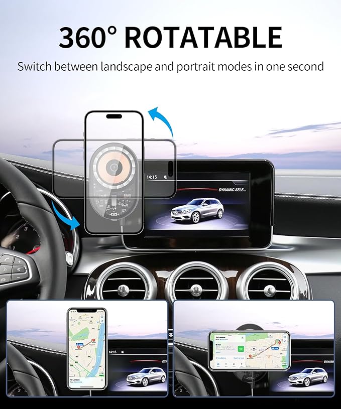 Wireless Charging Car Phone Holder for Mercedes Benz GLC-Class 2016-2019 / C-Class 2015-2018, 7" Screen Fixed Clip, 360° Rotation Car Phone Mount Compatible with MagSafe