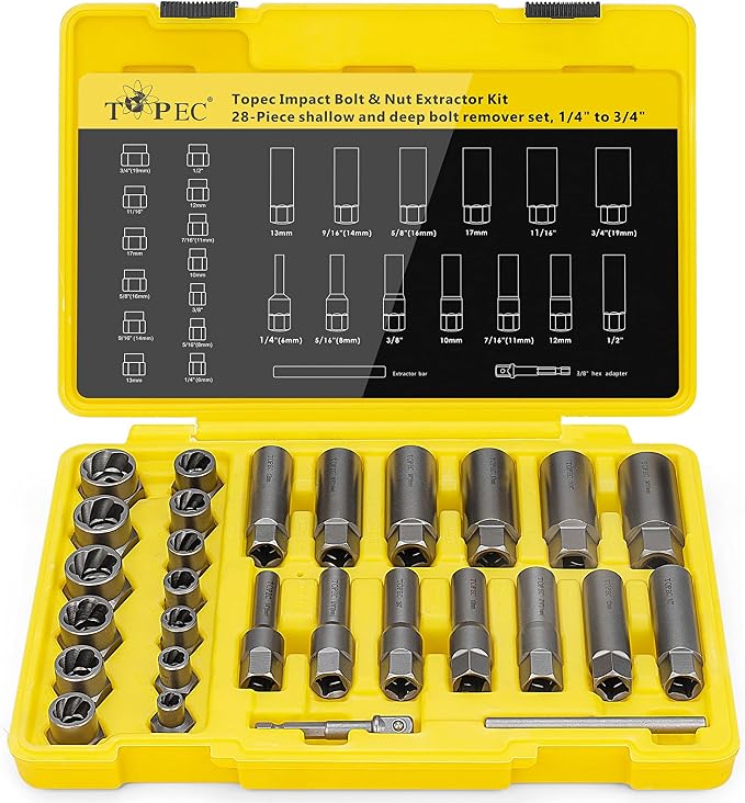 Topec Deep Bolt Extractor Set 28PCS, 3/8" Drive Bolt Extractor Kit, Spark Plug Extractor Socket Set, Lug Nut Removal Tool for Stripped, Broken, Rounded Bolts Lug Nut Stud Remove