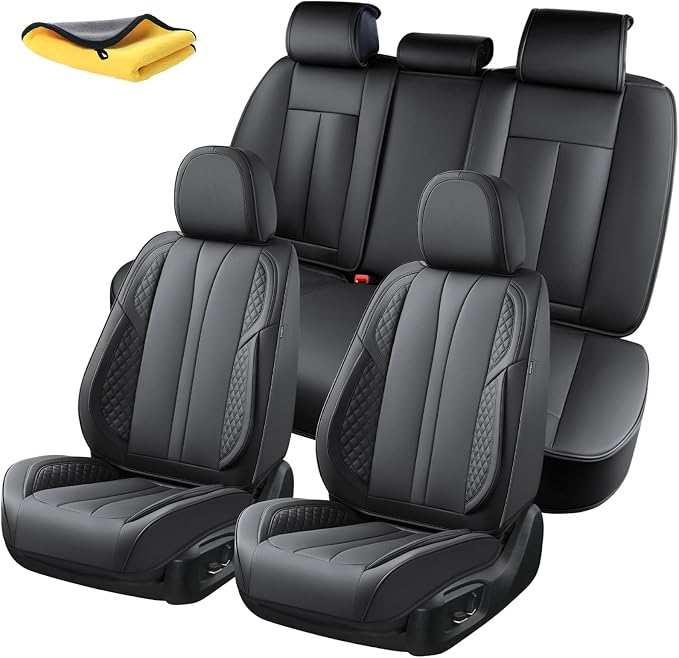 5-Seater Car Seat Covers Full Set Waterproof and Breathable Nappa Leather, Fit for Front and Rear Seats of Cars, Compatible with Airbags, Car Seat Protector Covers for Most Cars - Pure Black