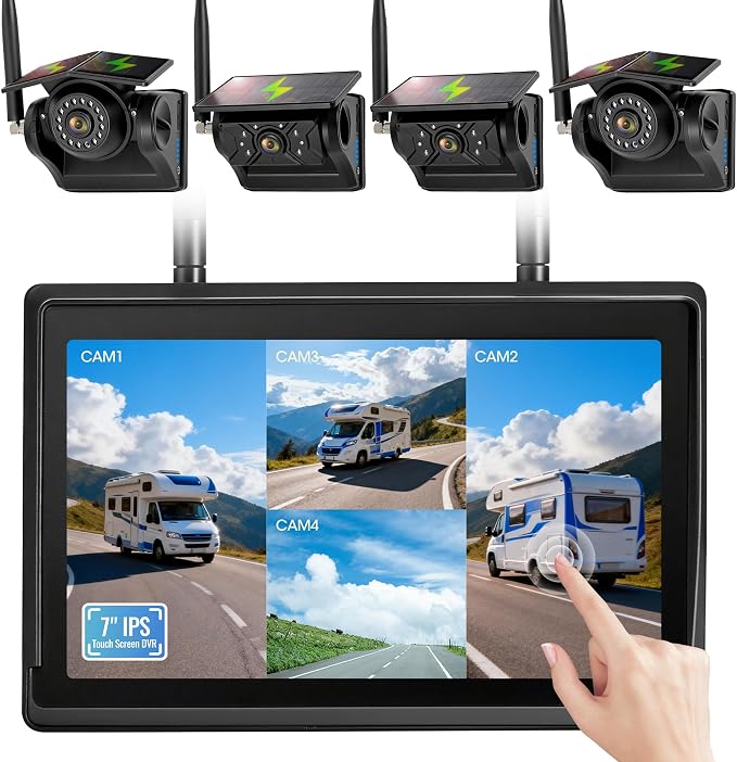 4 Magnetic Solar Wireless Backup Camera System, 7" IPS Touchscreen, 2 Rearview + 2 Sideview Night Vision Cameras for Hitching Trailer Tractor, 4x9600mAh Rechargeable Solar Battery, AH704