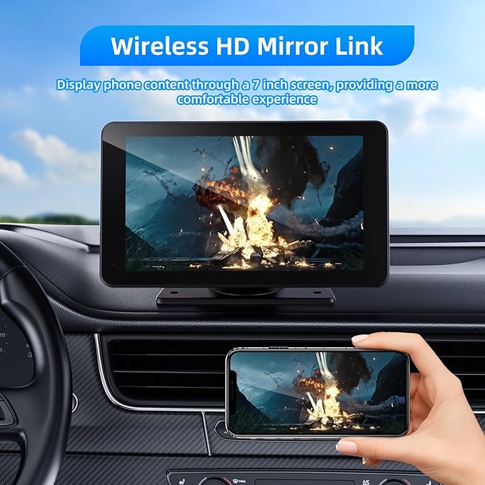 VUKARUAL Wireless Carplay and Android Auto Screen for Car, 7" HD Portable Touch Screen Car Stereo with Bluetooth, Backup Camera, Navigation, Mirror Link for All Vehicles