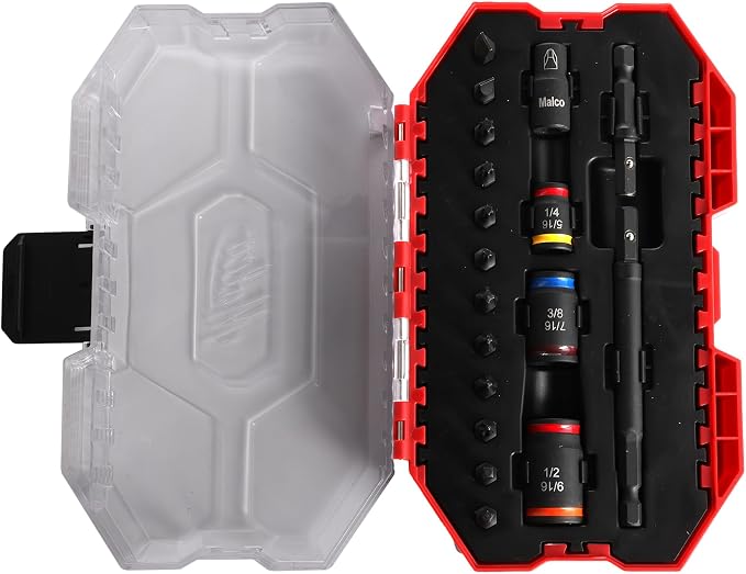 Malco KITCRB C-RHEX Socket Install Kit with Premium Case -Cleanable Reversible Hex Sizes (1/4"-9/16"), 2 Magnetic Shafts, 12 Impact-Rated Bits