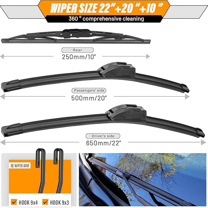 AUTOBOO 22"+20" Windshield Wipers with 10" Rear Wiper Blade Replacement for Jeep Compass 2016 2017 -Original Factory Quality (Pack of 3)