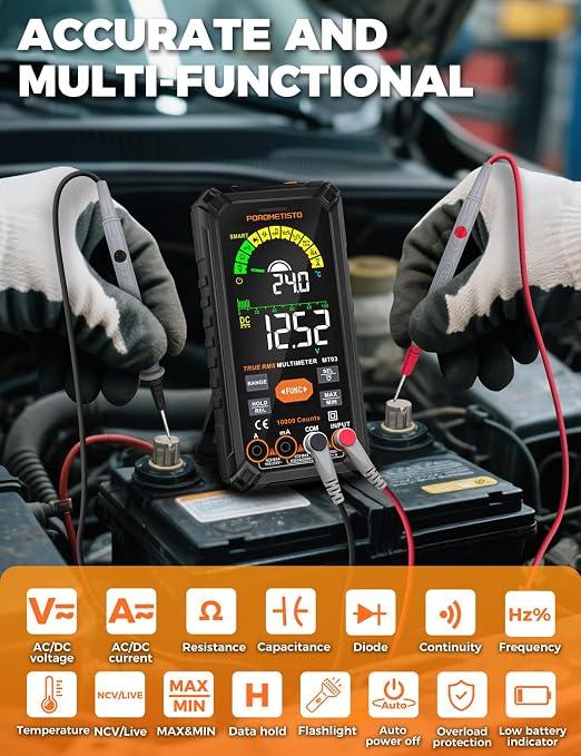 Smart Digital Multimeter Auto-Ranging,10000 Counts True-RMS | POROMETISTO Rechargeable Voltmeter Multimeter with NCV & Capacitance Check,Dual Fuse Electric Tester for HVAC & Automotive