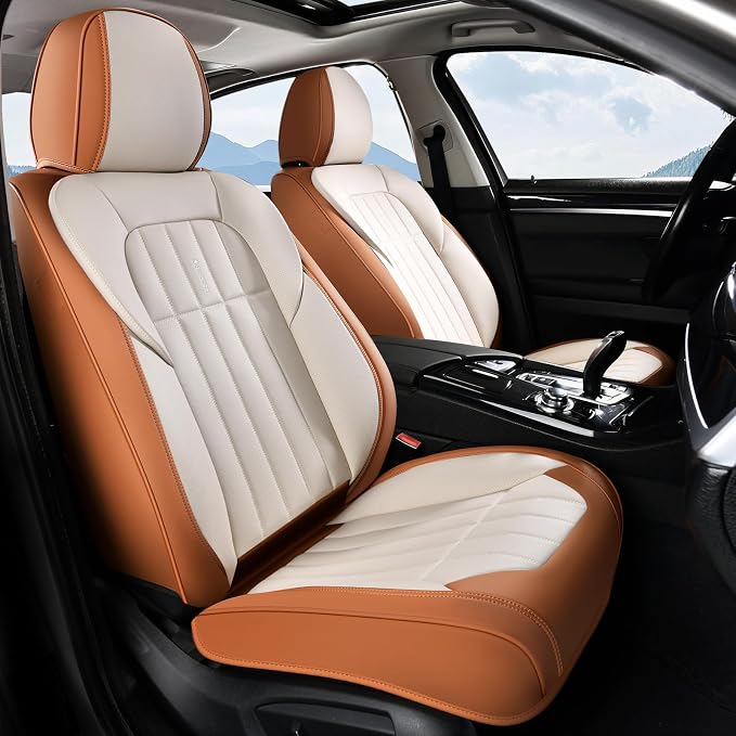 FLORICH Car Seat Covers Full Set, Leather Seat Covers for Cars, Waterproof Car Seat Protectors 5 Seats, Front and Rear Seat Covers for Cars, Automotive Seat Protector Fit for Most Car SUV - BrownBeige