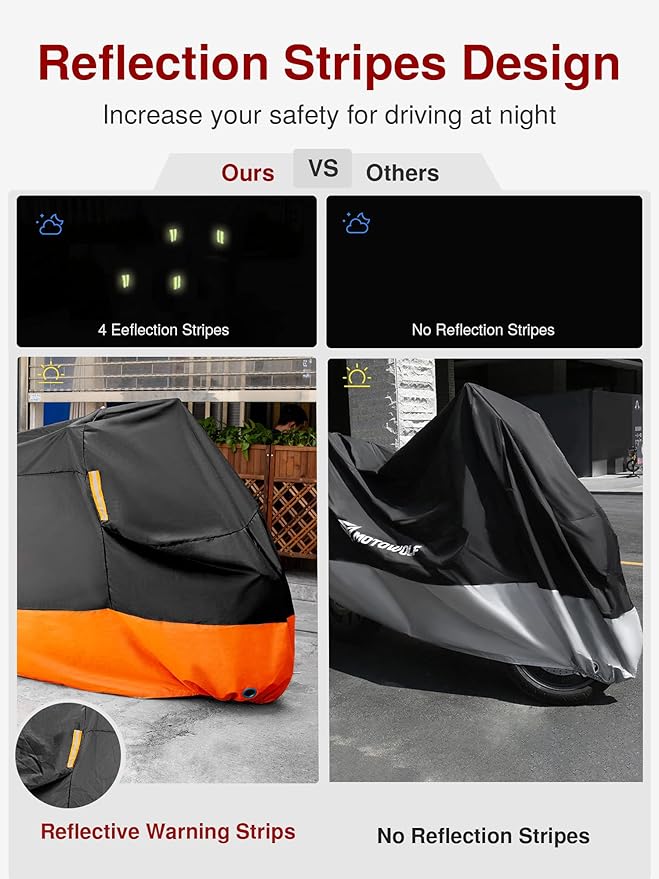 Puroma Motorcycle Cover Heavy Duty Scooter Cover Waterproof Outdoor All Season Universal Weather Quality Protection with Night Reflective, Lock Hole and Storage Bag Fits up to 86.6" Motorcycle Vehicle