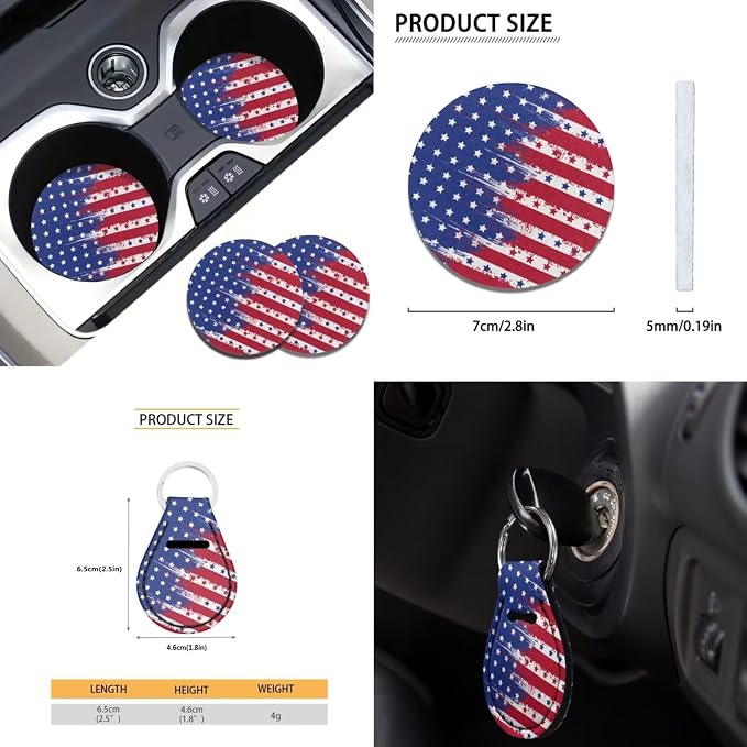 American Flag Seat Covers - 4th of July Independence Day Patriotic USA Flag Car Steering Wheel Cover, Seatbelt Armrest Pads, Coaster, Keychain - 12 Pcs Stars Stripes US Flag Car Interior Set