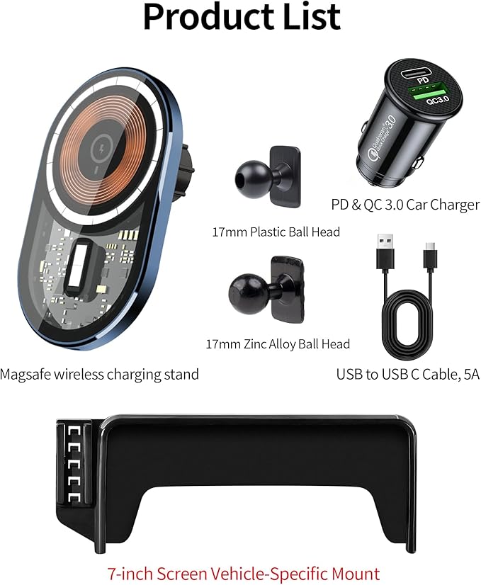 Wireless Charging Car Phone Holder for Mercedes Benz GLC-Class 2016-2019 / C-Class 2015-2018, 7" Screen Fixed Clip, 360° Rotation Car Phone Mount Compatible with MagSafe