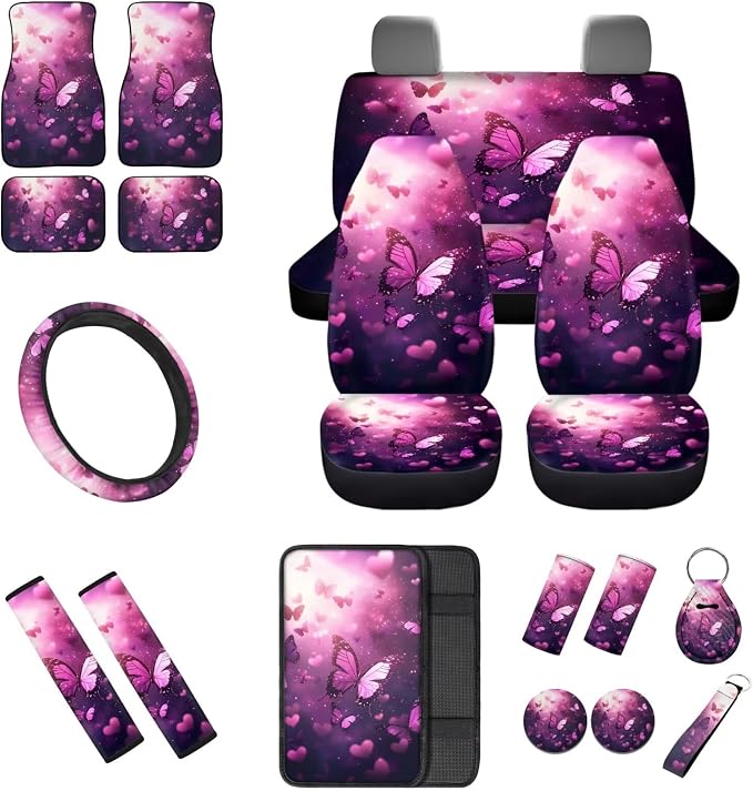 Pink Butterfly Car Seat Covers Full Set with Steering Wheel Cover Floor Mats Seat Belt Pads Armrest Pad Roof Handle Wraps Keychain Cup Coaster Auto Interior Accessories Set of 18