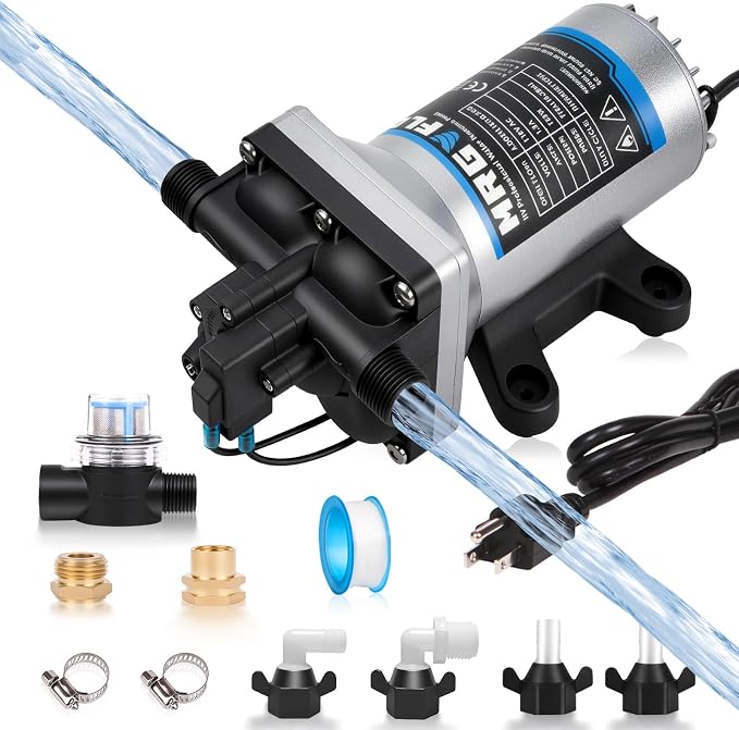 [Upgraded Version] 110V AC RV Fresh Water Pump, 6GPM 75PSI, Five Chamber Self-Priming Diaphragm Pump with Heavy Duty Pressure Switch & Strainer for RV, Marine, Yacht, Caravan, Camper