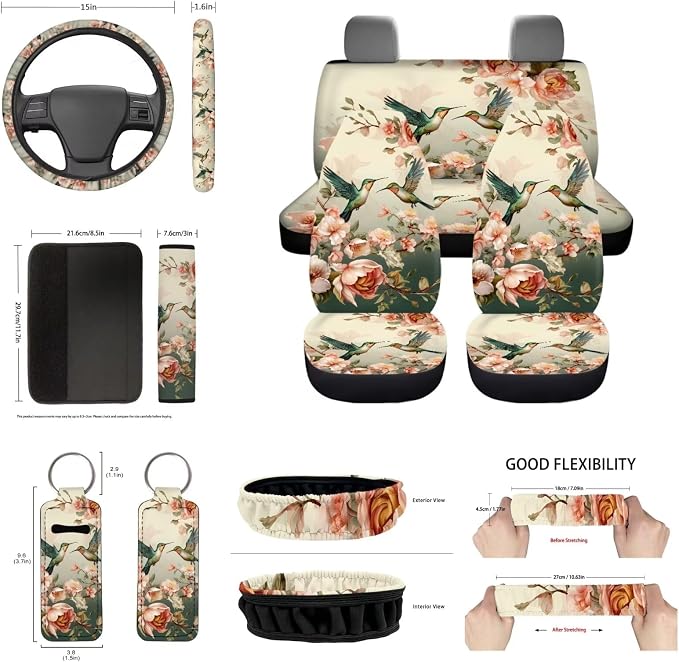 Hummingbird Vintage Flower Automotive Seat Covers Accessory 14pack Hummingbirds Car Seats Full Set with Steering Wheel Cover Shoulder Seatbelt Pads Vehicle Cup Pad,Interior Mirror Covers