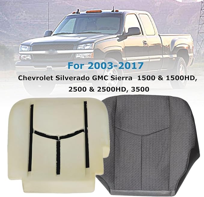 GXARTS 5-Piece Front Seat Cover Set & Driver Foam Cushion Fit for Chevy Silverado GMC Sierra 1500 2500HD 3500HD 2003-2007 - Dark Gray #69C Cloth Replacement Cover Driver & Passenger Bottom + Lean Back