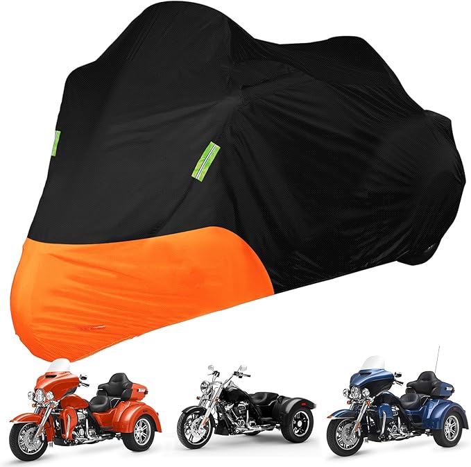 Waterproof Motorcycle Cover Replace for Harley Davidson Trike with Anti-Theft Lock Hole & Reflective Strips for Outdoor Rain Snow Protection