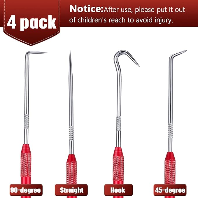 Hotop 4 Pcs Hook and Pick Set Double Pointed Scribe Car Auto Oil Metal Pick O Ring Seal Puller Hooked Scriber Marking Tools for Carpenter Machinists Technicians, 9.06 Inches