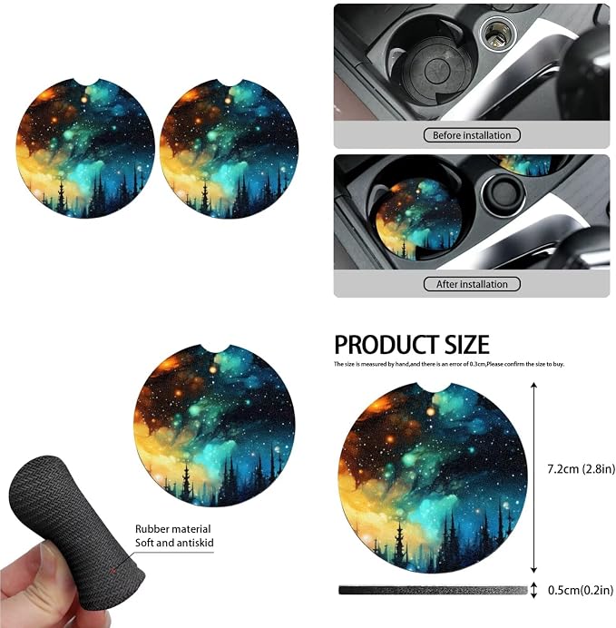 Galaxy Forest Car Seat Cover Full Set of 13, Oil Painting Vehicle Headrest Cover Cup Holder Coaster, Starry Night Impressionism Automotive Interior Covers for Sedan Truck